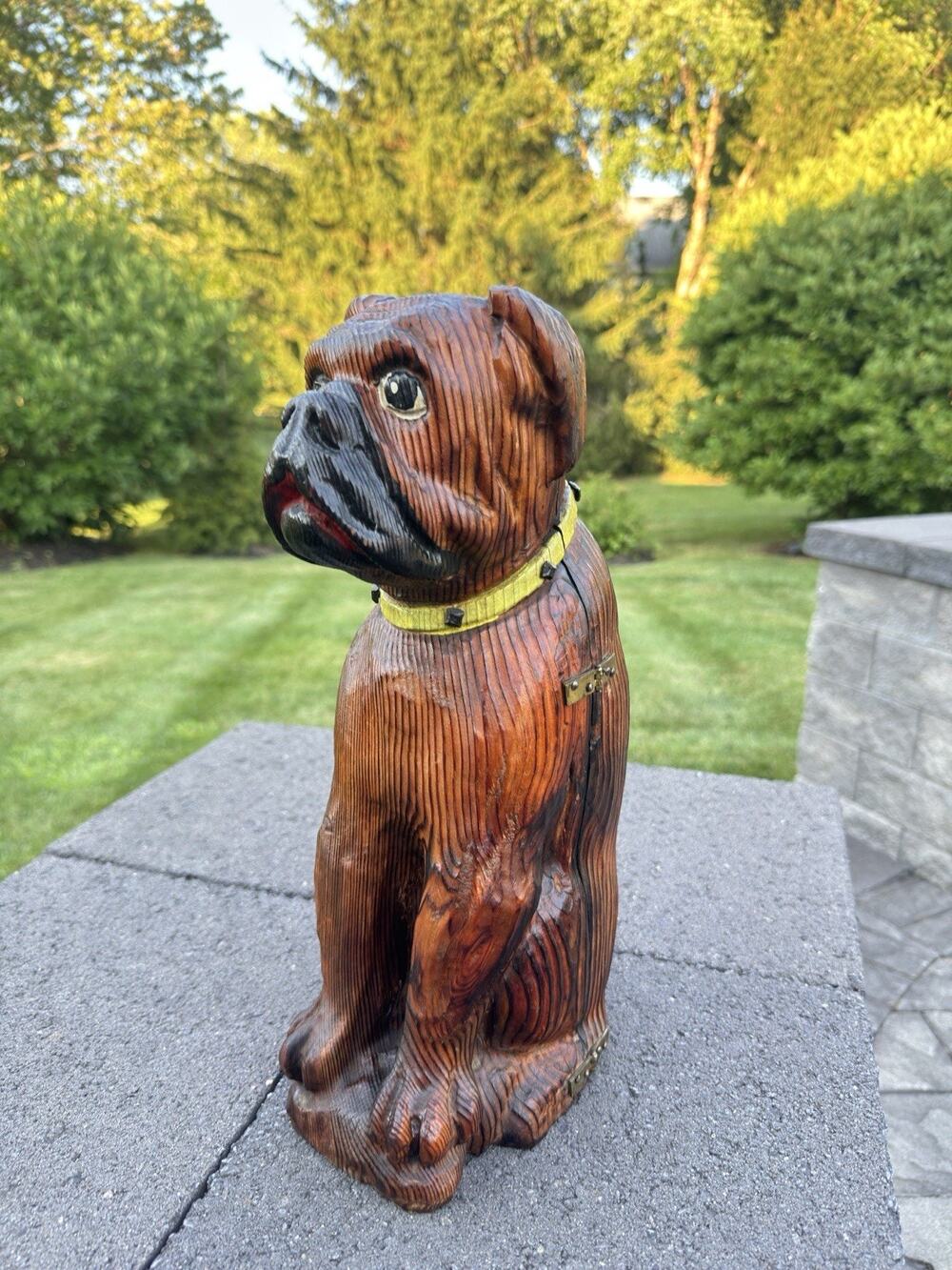 Hand Carved Wooden Boxer Dog Wine Bottle Holder – Hinged Storage Figurine 15.5”